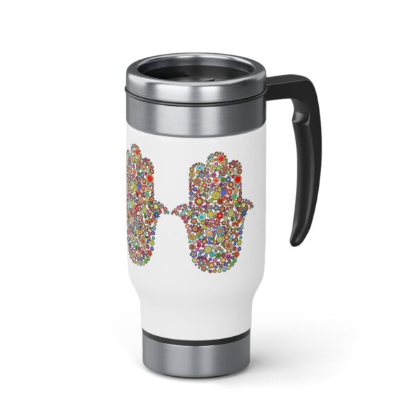 STOP Negative Energy Flower Power Hamsa Offers Blessings & Protection Negative Energy of Others Stainless Steel Travel Mug with Handle, 14oz