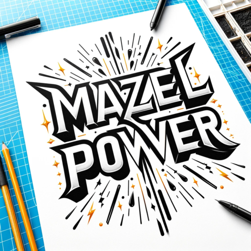 DALL·E 2023-12-17 18.56.31 - Create an image featuring the phrase 'Mazel Power' prominently on a white background. The design should be dynamic and inspiring, reflecting the meani