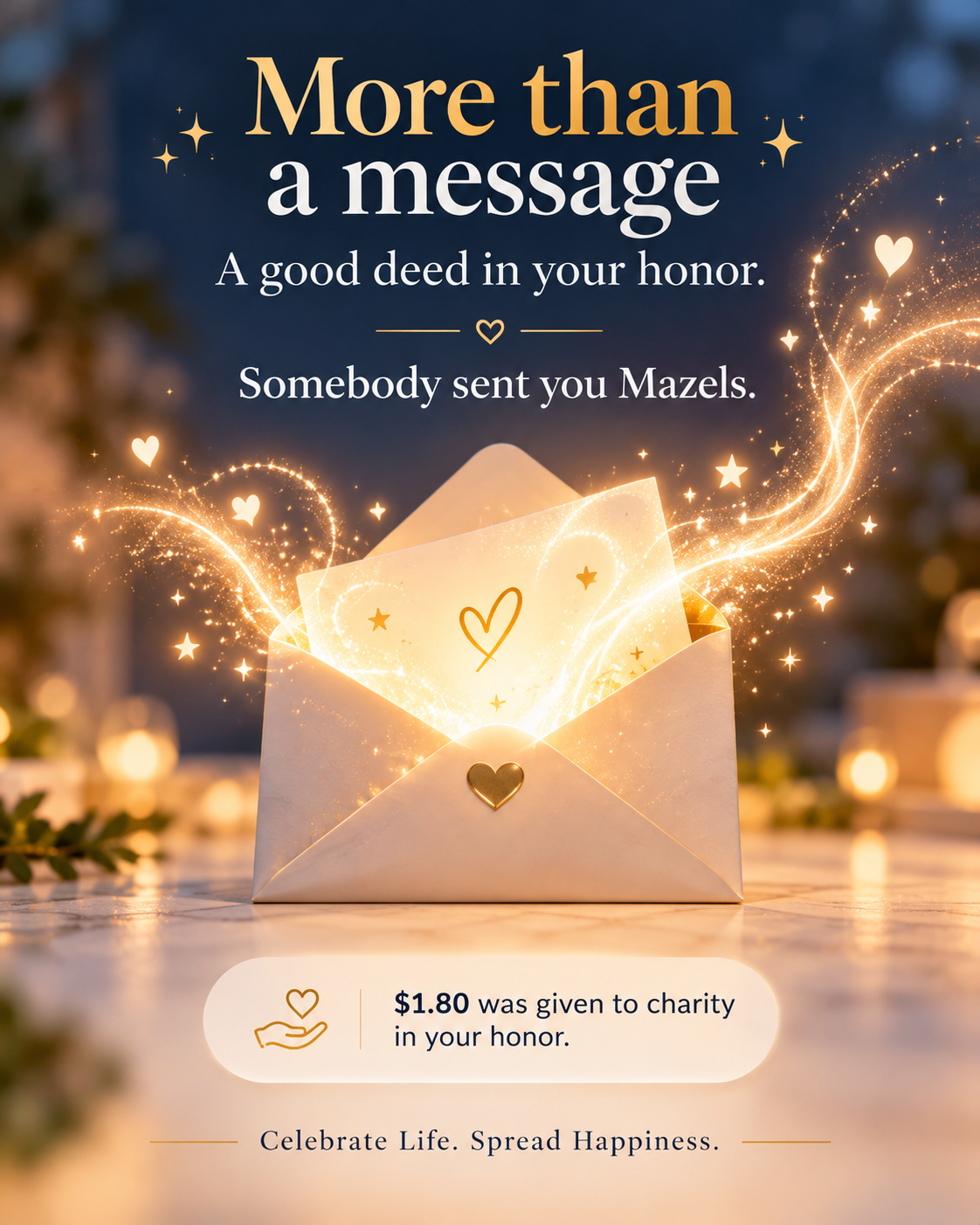 Mazels more than a message — $1.80 charity in your honor